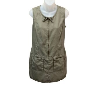Gap Dress Shift Drawstring Neck Zip Front Army Green 2 Pockets Sleeveless Small